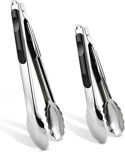 2 Pcs 9/12 Inch Kitchen Tongs for Cooking, BBQ & Salad - Heat-Resistant Stainless Steel Locking Tongs Set, Dishwasher Safe - Premium Kitchen Appliances & Cooking Tools