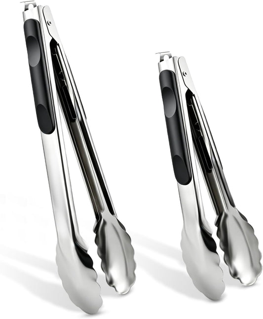 2 Pcs 9/12 Inch Kitchen Tongs for Cooking, BBQ & Salad - Heat-Resistant Stainless Steel Locking Tongs Set, Dishwasher Safe - Premium Kitchen Appliances & Cooking Tools