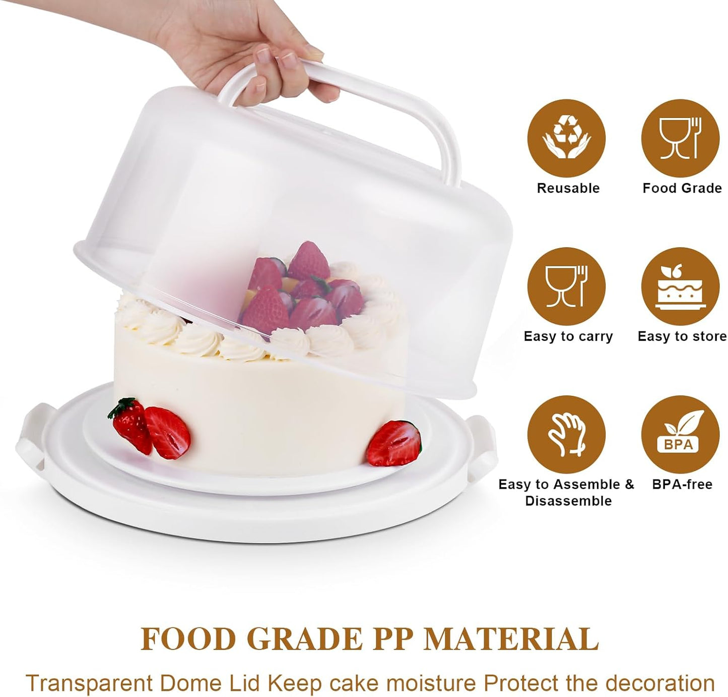Cake Carrier with Lid and Handle, BPA-Free Cake Containers Cake Stand for 10 inch Cake with 2 Handles Cupcake Carrier - Plastic Cover Two Sided Base for Transport Pie Nuts Fruit Perfect Gifts