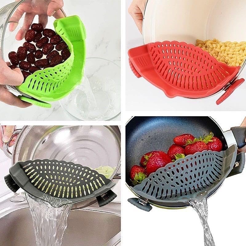 Clip On Strainer Silicone for All Pots and Pans, Pasta Strainer Clip on Food Strainer for Meat Vegetables Fruit Silicone Kitchen Colander (Black)