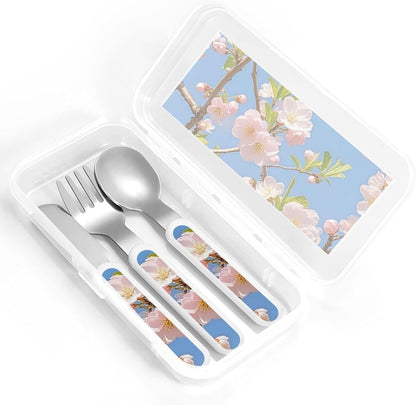 Stainless Steel Kids Silverware Set, Japanese Floral Cherry Blossom Utensil Set Reusable Children Safe Knife Spoon Fork Set With Storage Case Dishwasher Safe For Lunch, Travel Outdoors