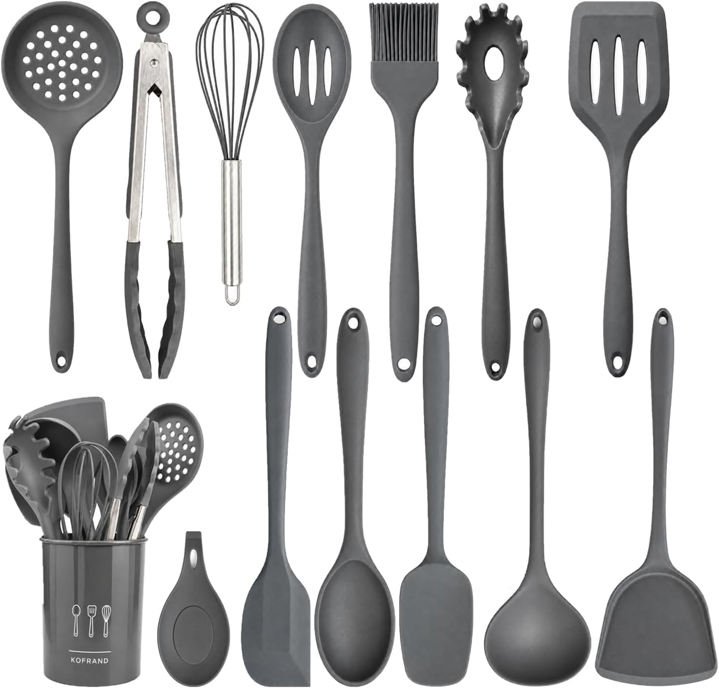 Silicone Cooking Utensil Set with Holder & Spoon Rest, -22°F to 446°F Heat Resistant Kitchen Utensils Set, Nonstick Cookware Safe Spatula Set, Spoon, Ladle, Tongs, Whisk, Pasta Server, Gray