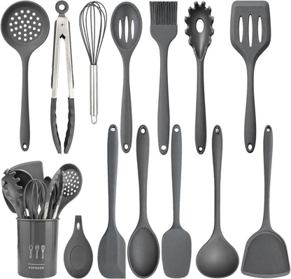 Silicone Cooking Utensil Set with Holder & Spoon Rest, -22°F to 446°F Heat Resistant Kitchen Utensils Set, Nonstick Cookware Safe Spatula Set, Spoon, Ladle, Tongs, Whisk, Pasta Server, Gray