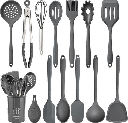 Silicone Cooking Utensil Set with Holder & Spoon Rest, -22°F to 446°F Heat Resistant Kitchen Utensils Set, Nonstick Cookware Safe Spatula Set, Spoon, Ladle, Tongs, Whisk, Pasta Server, Gray