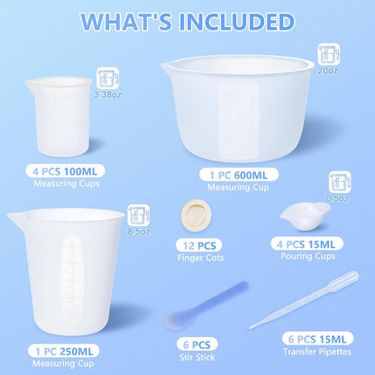 KISREL Silicone Measuring Cups for Resin, Resin Supplies with 600&100ml Cups, Resin Mixing Cups, Silicone Stir Sticks, Epoxy Mixing Cup