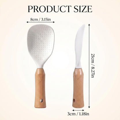 Standing Silicone Rice Scooper, Non Stick Rice-Cooking Spoon Paddle Heat Resistant Rice Spatula with Wooden Handle for Kitchen Cooking, Mixing, Scoop, Scrape, Beige