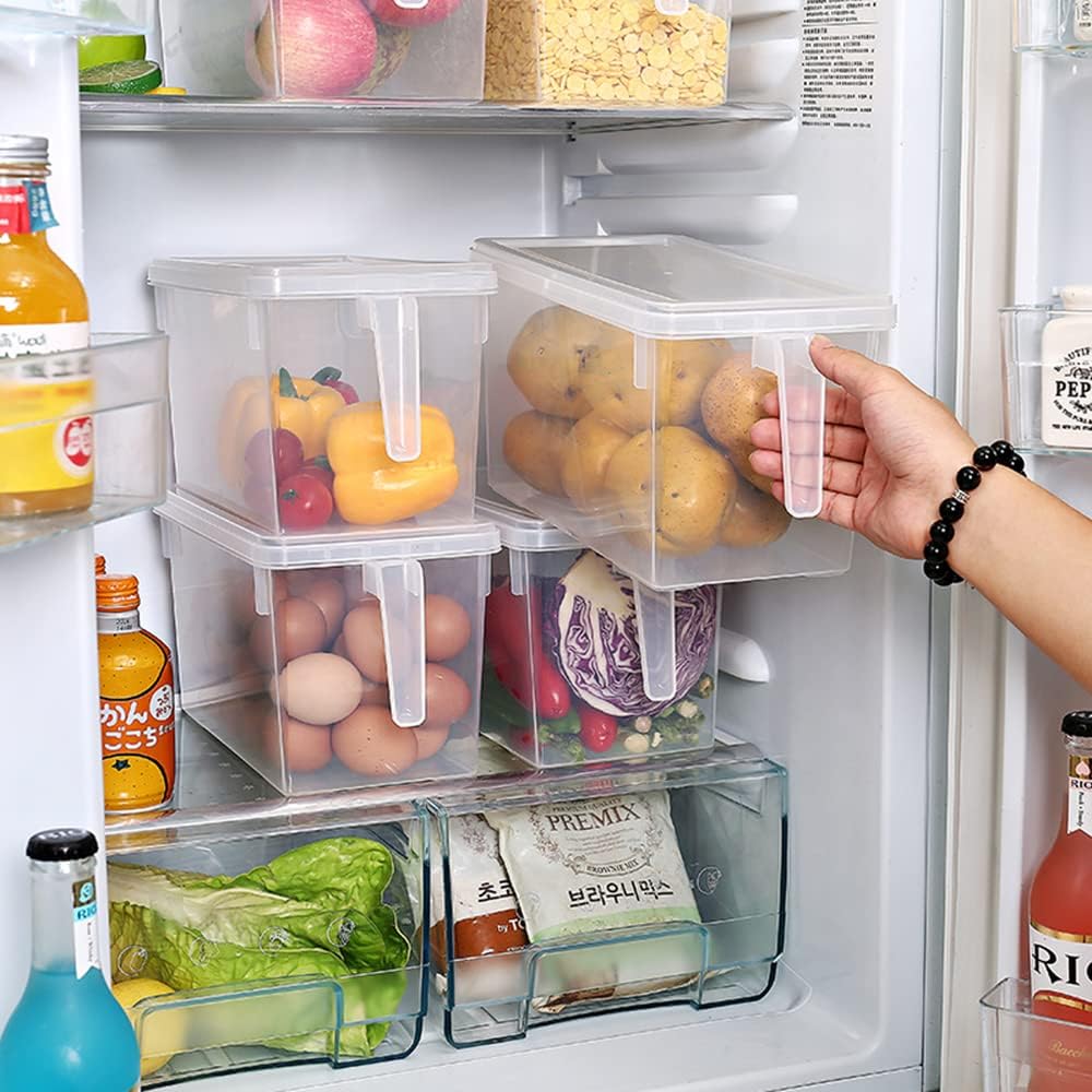 Sooyee Fridge Organizer, 4 Pack Refrigerator Organizer Bins, Clear with Handle & Lid, Fruit Containers for Fridge, Fridge Storage to Keep Fresh for Food, Vegetables, 5L