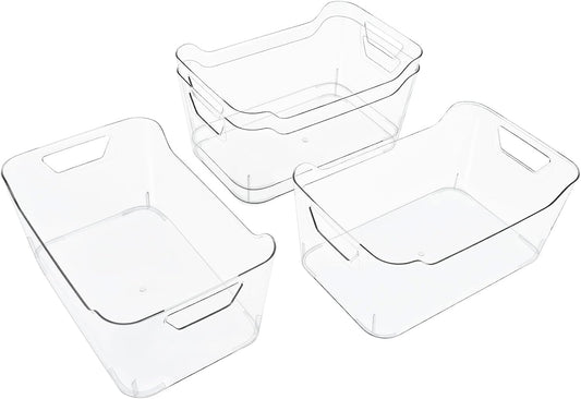 4 Pack Clear Storage Bins for Pantry Organization and Storage, Stackable Fridge Organizers with Built-in Handles, BPA Free Plastic Open Front Baskets for Kitchen Cabinet, Bathroom, Closet, and Toys