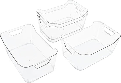 4 Pack Clear Storage Bins for Pantry Organization and Storage, Stackable Fridge Organizers with Built-in Handles, BPA Free Plastic Open Front Baskets for Kitchen Cabinet, Bathroom, Closet, and Toys