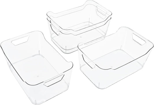 4 Pack Clear Storage Bins for Pantry Organization and Storage, Stackable Fridge Organizers with Built-in Handles, BPA Free Plastic Open Front Baskets for Kitchen Cabinet, Bathroom, Closet, and Toys