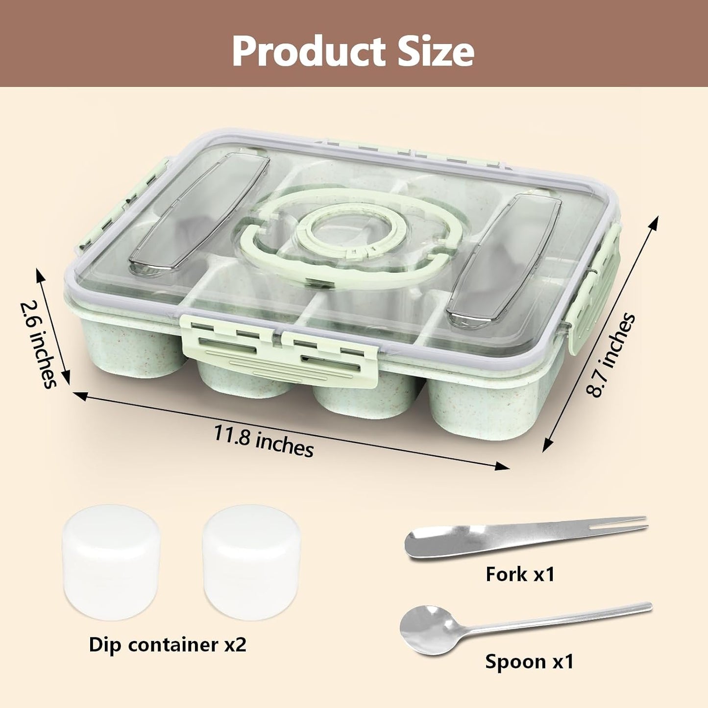 Dishwasher Safe Snackle Box Container, Snack Divided Serving Tray with Lid, Portable Snack Organizer with Date Marker, 2 Dressing Containers, Fork and Spoon, Green