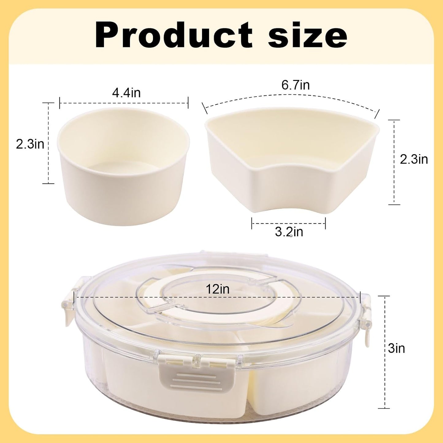 6 Compartment Snack Box Container with Lid and Handle, Divided Serving Tray with 360° Rotating Base, Snack Containers for Adults, Veggie Fruit Tray for Kitchen, Parties, Travel (cream color)