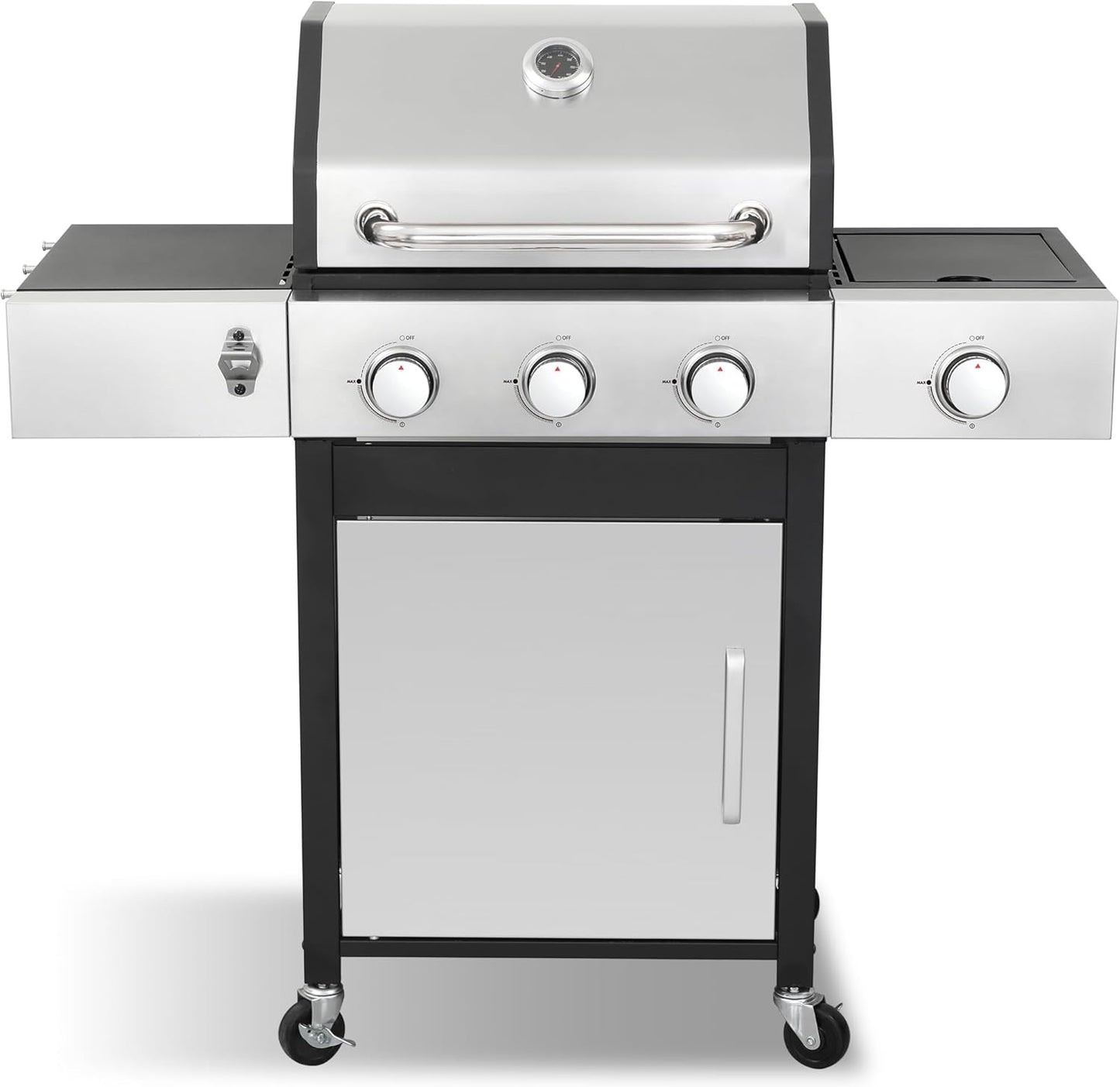 Gas Grill with Side Burner, 3-Burner Propane Grill with Porcelain-Enameled Cast Iron Grates and Double-Wall Insulated Lid, 39,000 BTU BBQ Grill with Wheels for Outdoor Cooking