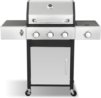 Gas Grill with Side Burner, 3-Burner Propane Grill with Porcelain-Enameled Cast Iron Grates and Double-Wall Insulated Lid, 39,000 BTU BBQ Grill with Wheels for Outdoor Cooking