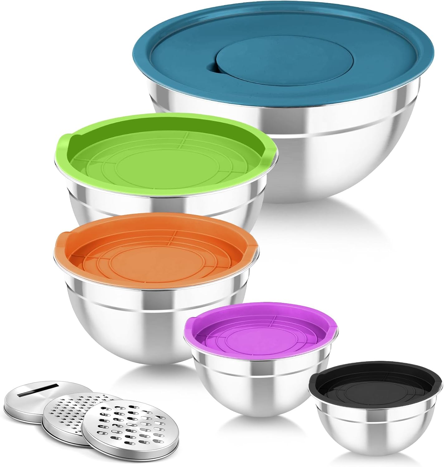 TeamFar Mixing Bowls with Airtight Lids, 5PCS Stainless Steel Metal Salad Bowl with 3 Grater Attachments, for Cooking, Prepping, Serving, Healthy & Easy Clean - 0.7/1/1.5/2.6/4.6QT, Black