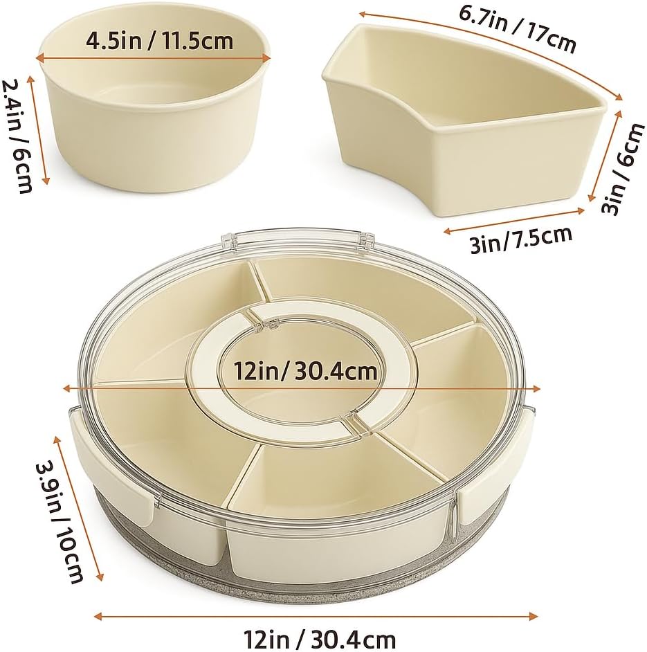 Divided Rotating Snackle Box Container, Veggie Tray with Lid for Fridge - Lazy Susan Snack Spinner with Handle, Rotating Fruit & Snack tray, Large Serving tray for Parties - Off-White/Clear(Large 12")