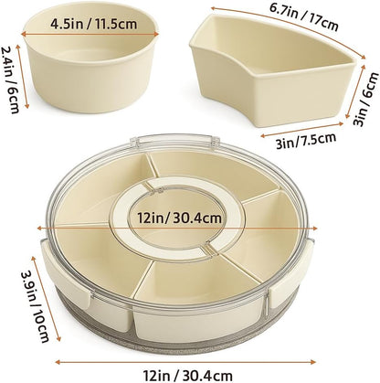 Divided Rotating Snackle Box Container, Veggie Tray with Lid for Fridge - Lazy Susan Snack Spinner with Handle, Rotating Fruit & Snack tray, Large Serving tray for Parties - Off-White/Clear(Large 12")