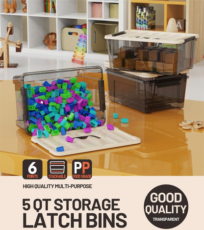 WYT Clear Storage Latch Bins, 6-Pack Storage Organizer Box with Handle and Lids, 5-Litre
