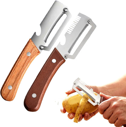 2 Pcs Premium Vegetable Peeler, Multi-Functional Vegetable Stainless Steel Peeler with Wooden Handle and Bottle Opener, Kitchen Gadgets Tool for Vegetables and Fruits, Pumpkin, Potato (2 Colors)