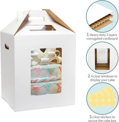 Wowxyz 3 Pack Tall Cake Boxes for Tier Cakes 12x12x14 Inch Disposable Layer Tall Baking Carrier with Window Large Tierd Bakery Take Out Transport Containers with Handle for Wedding, Birthday, Party