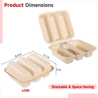 100 PCS Taco Plates Disposable with Lid 8.4 * 7.1 * 3in, 3-Slot Taco Holder, Bagasse Pulp Takeout Food Holders for Tacos, Hot Dogs, Sandwiches, Outdoor Lunch and Party Serving (100Pcs)