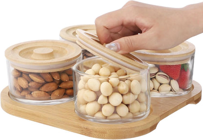 Glass Snack Serving Set with Wooden Lids and Tray, 9.1 x 9.1 in Chip and Dip Serving Platter, Small Airtight Glass Divided Dishes for Candies, Nuts, Dried Fruits, Snack, Condiments
