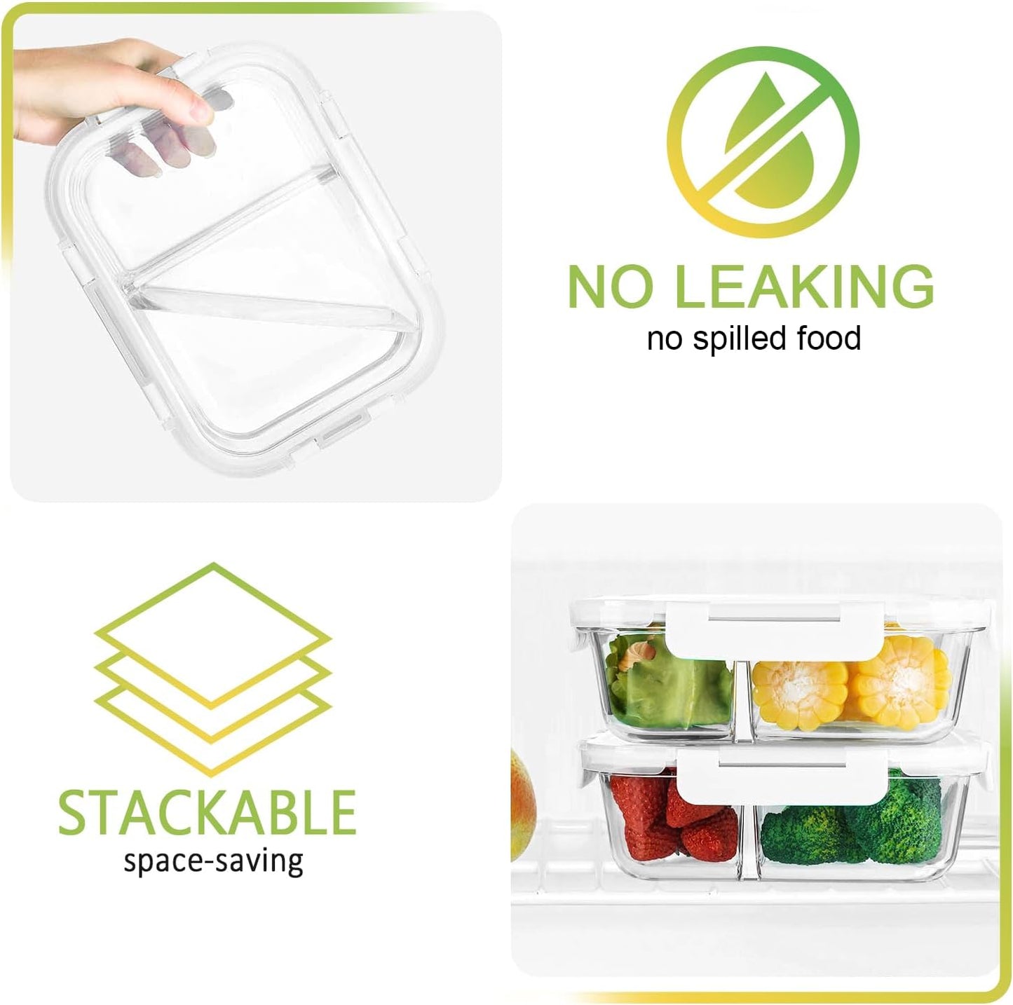 M MCIRCO [5-Pack,36 Oz] Glass Meal Prep Containers 2 Compartments Portion Control with Upgraded Snap Locking Lids Glass Food Storage Containers, Microwave, Oven, Freezer and Dishwasher (4.5 Cups)