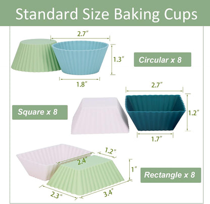 24Pack Silicone Muffin Cups, Reusable Cupcake Liners Molds for Baking, 3 Shapes Lunch Box Bento Dividers-Round, Square, and Rectangular (Orange Series, Regular Size)