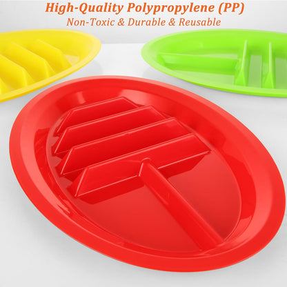 Acrux7 12 Pack Plastic Taco Plates with Dividers, Large Taco Holder Plates, Colorful Taco Trays Microwave & Dishwasher Safe, Hold 3 Tacos, 2 Dipping Areas, Taco Plate for Taco Tuesday Taco Night Party