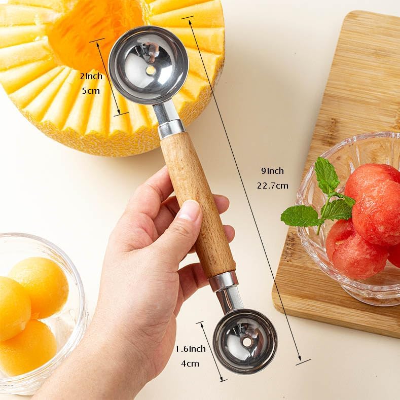 Double Melon Baller Wood Handle,Melon Baller Silver for fruit and veggie prep,Edges are sharp enough to scoop fruit but safe to touch,Soft, comfortable, non-slip handle, 9 In (Brown)