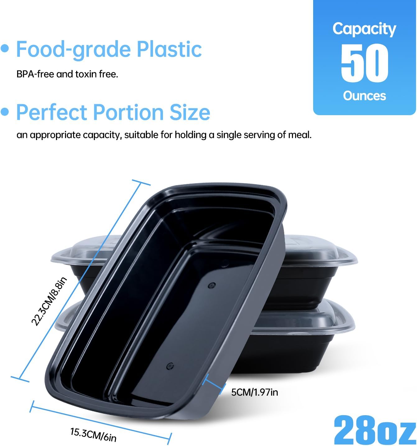 50 Pack (100-Piece) 28oz Meal Prep Containers, 50 Pack (100-Piece) Rectangle,BPA-Free, Food Safe & Leakproof Reusable Plastic Food Storage – Microwave Safe, Stackable Takeout Boxes