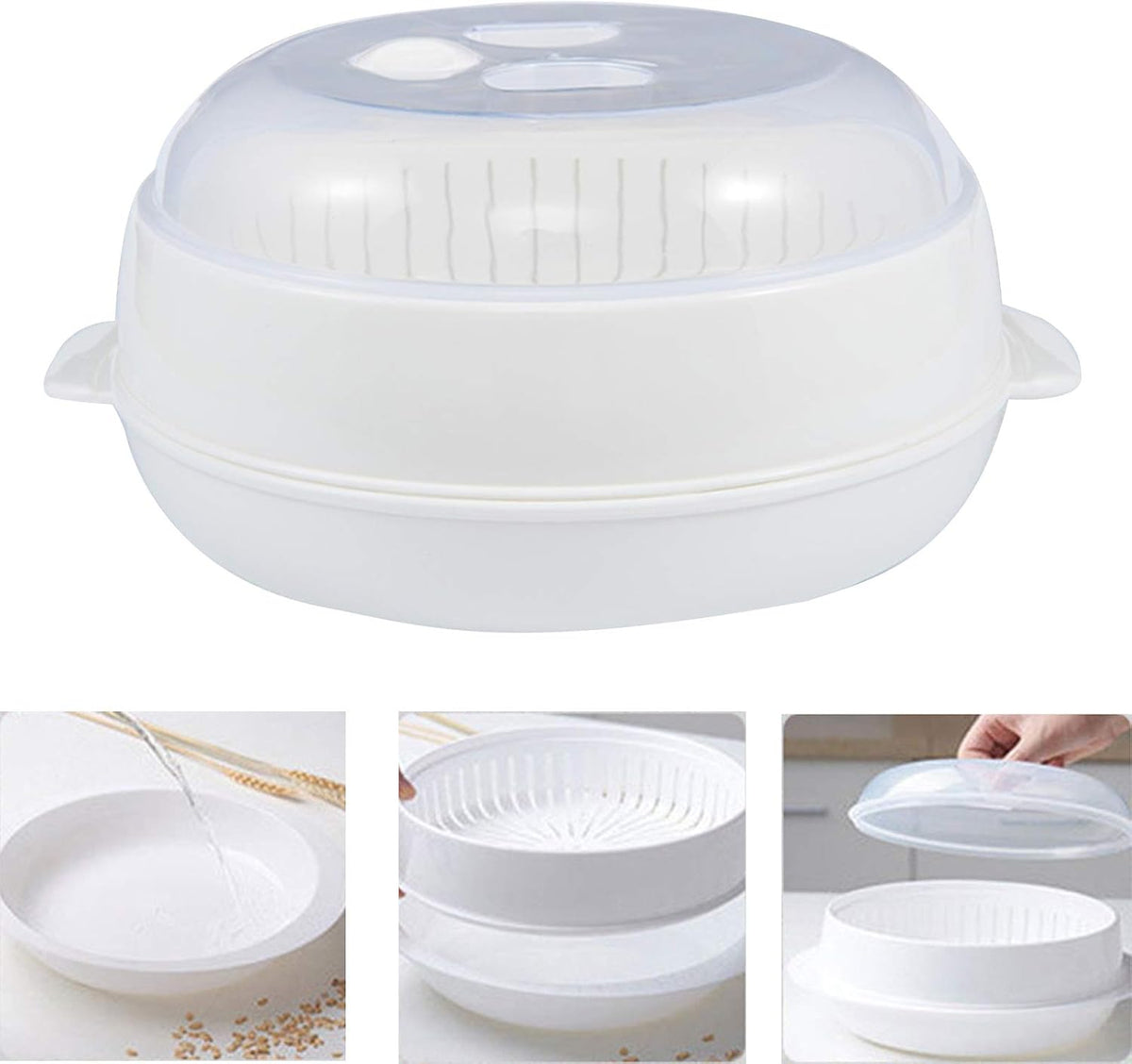 1-Tier Microwave Steamer Heating Steamer for Home Kitchen White (Round)