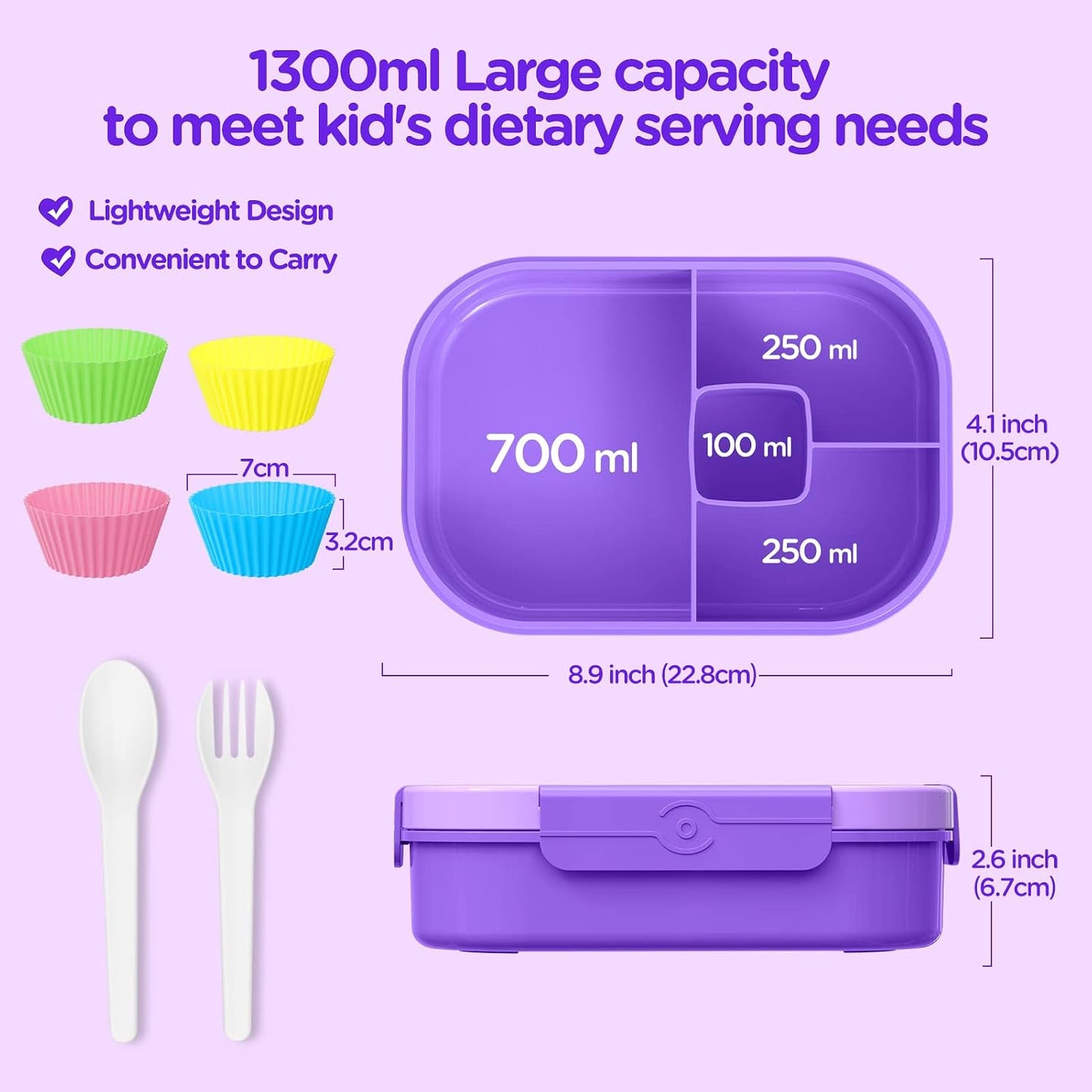 Jelife Lunch Box Kids Bento Box - 1300ml Large Bento-Style Bento-Box Adults Lunch Box, Ideal Leak Proof Bento Lunch Boxes for Kids School, BPA Free Lunchbox Containers for Teens Toddlers, Purple
