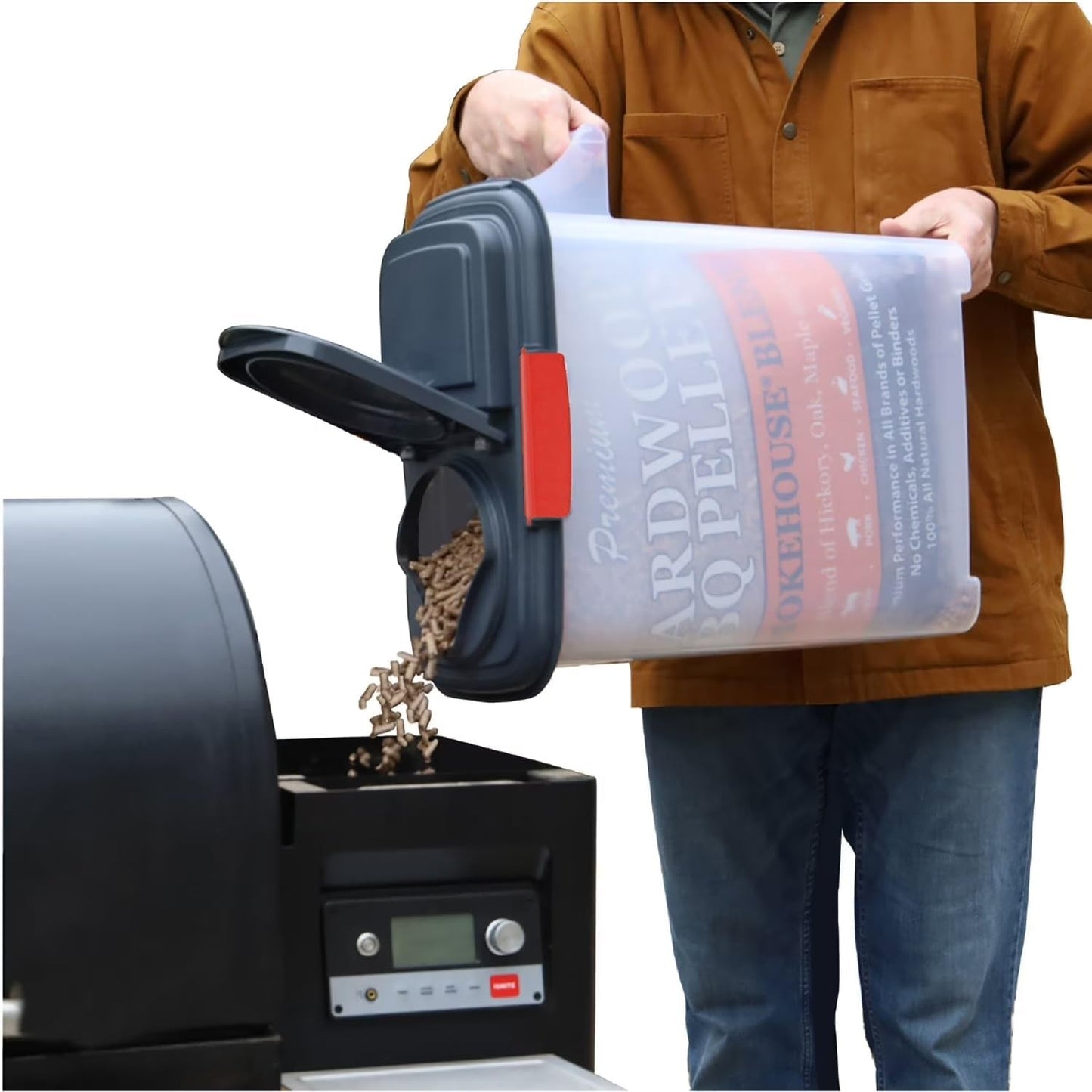 BEN & JANE 40lb Pellet Storage Dispenser - Made in USA, BPA-Free Food Safe Container for Dog & Cat Food, Birdseed, Charcoal & Potting Soil - Weatherproof Stackable Bin with Pour Spout & Locking Lid