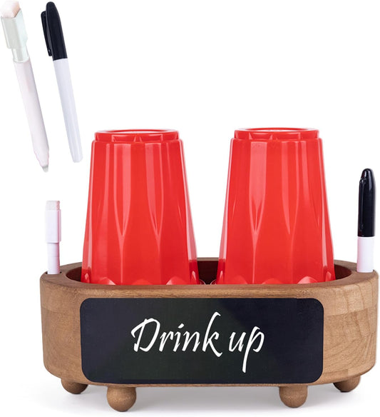 Double Wooden Cup Holder with Marker Slot,Bathroom Cup Dispenser,Disposable Mug Holder,for Party Home Decoration,Classic Brown Color,Simplicity.