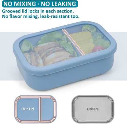 Silicone Bento Box Adult Lunch Container, 3 Compartment Container, Food Grade Silicone Bento Lunch Box for Work Travel Meal Prep, Leak-proof Food Storage Container（1 Pack Nile Blue）