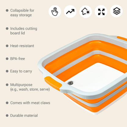 Collapsible BBQ Prep Tub 8L Black | Portable Meat Marinating Container with Locking Cutting Board Lid, BBQ Tongs, 2 Meat Shredding Claws & 2 Heat-Resistant Grill Gloves for Camping & Grilling