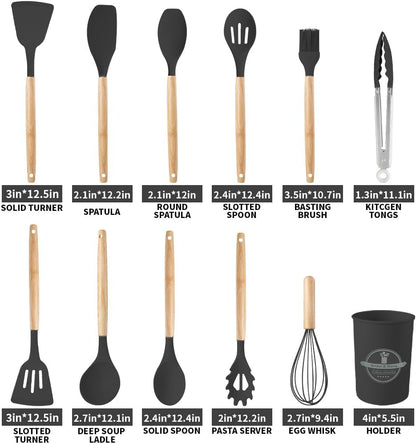 Silicone Cooking Utensils Set, 12Pcs Large Heat Resistant Kitchen Utensils, Turner Tongs, Spatula, Spoon, Wooden Handle Kitchen Gadgets with Holder for Nonstick Cookware, Dishwasher Safe (Grey)
