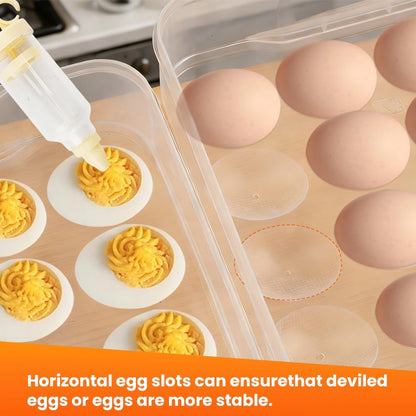 Deviled Egg Containers Set of 2, 48 Count Total 12×8.86×4.92inch Egg Storage Trays with Lid & Handle, Stackable Carrier with Piping Bottle for Party Picnic