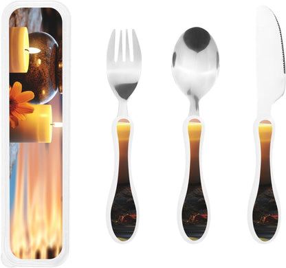 3-Piece Kids Silverware Set With Storage Case, Stainless Steel Reusable Children Safe Knife Spoon Fork Set Astronaut Cat Fish Children Flatware Set For Kids Lunch Box