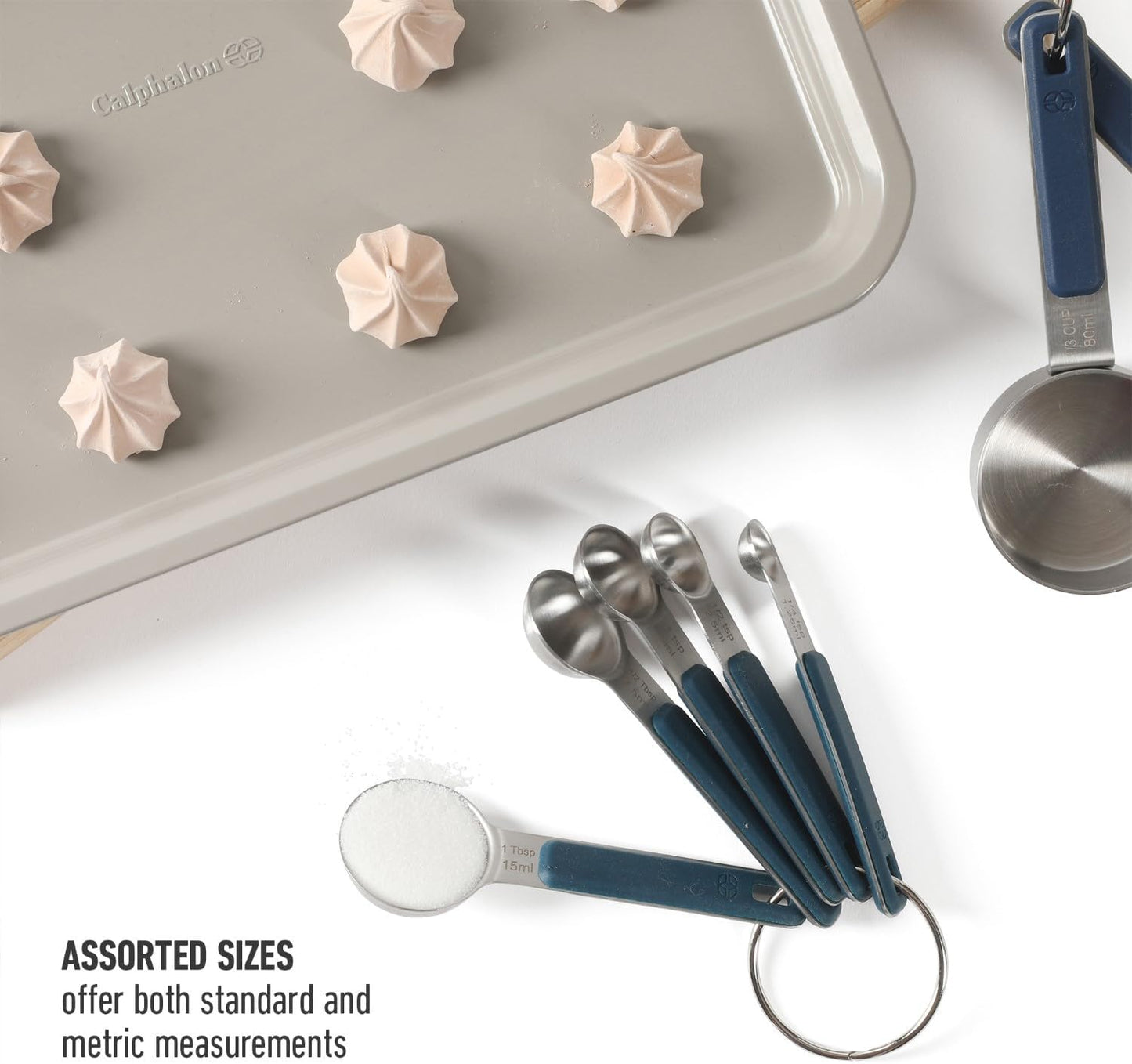 Calphalon Prime Measuring Cups, Kitchen Measurement Cup, 4-Piece Stainless Steel Kitchen Measuring Cup with Navy Silicone Handle Accurate, Durable for Dry and Liquid Ingredients