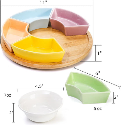 AVLA 11" Ceramic Divided Serving Dishes, Lazy Susan Party Appetizer Platter, 6 Removable Snack Bowl with Rotatable Bamboo Tray, Porcelain Relish Tray for Chips and Dips, Candy, Nut, Condiment, Veggie