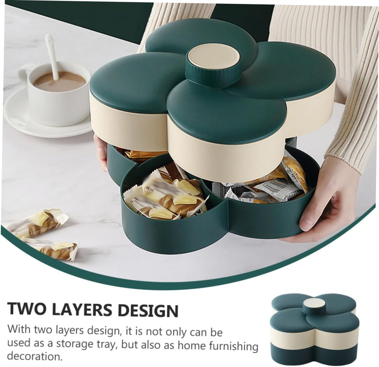 SMASOLO Double Layer Rotating Snack Storage Tray with Lid Divided Candy and Nut Organizer for Home Office and Party Use Green