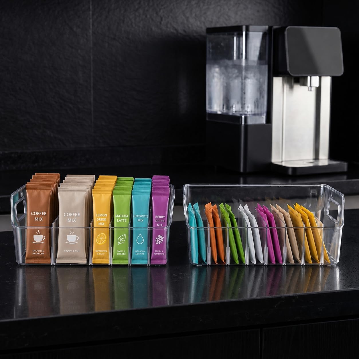 Drink Packet Organizer, 2 PCS Acrylic Water Packet Organizer for Water Flavor Drink Mix, 8 Compartment Sugar Packet Holder with Removable Divider, Pantry Storage Bin for Kitchen Organization