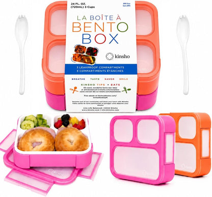 kinsho Medium Bento Boxes for Kids, Lunch Box for Boys Girls Toddler Adults, Leak-Proof 3 Compartment Containers for Meal or Snack at School Daycare Work Travel, BPA Free 2 Pack (Pastel Blue + Pink)