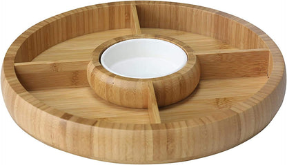 Bamboo Charcuterie Board/Cheese Board Chip and Dip Divided Bowl/Serving Platter with Ceramic Center Bowl/Dip Cup