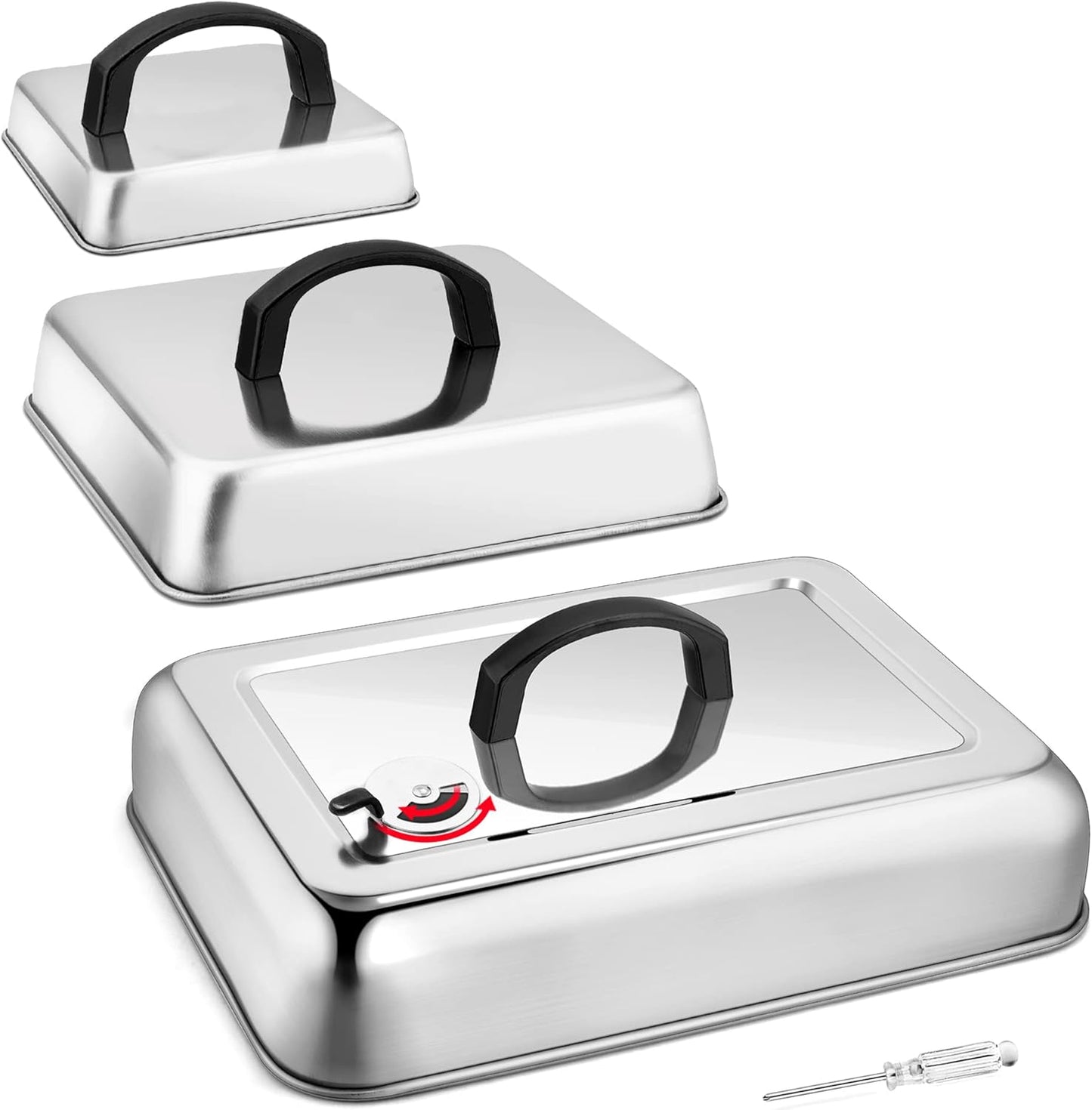 Cheese Melting Dome Set of 3, Leonyo Heavy Duty Rectangular Basting Cover with Adjustable Vent, Stainless Steel Square Griddle Dome for Outdoor Flat Top Grill BBQ
