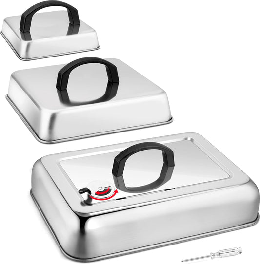 Cheese Melting Dome Set of 3, Leonyo Heavy Duty Rectangular Basting Cover with Adjustable Vent, Stainless Steel Square Griddle Dome for Outdoor Flat Top Grill BBQ