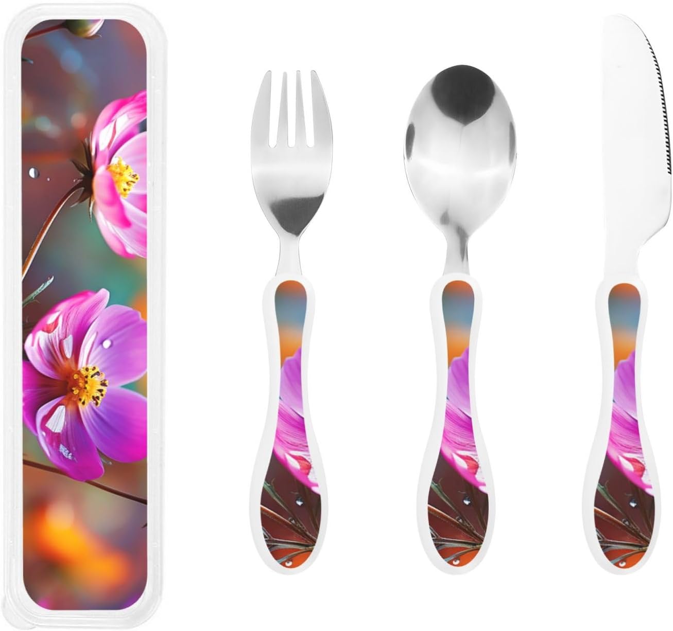 3-Piece Kids Silverware Set With Storage Case, Stainless Steel Reusable Children Safe Knife Spoon Fork Set Blue Active Girl Running Sunset Children Flatware Set For Kids Lunch Box - Colors B