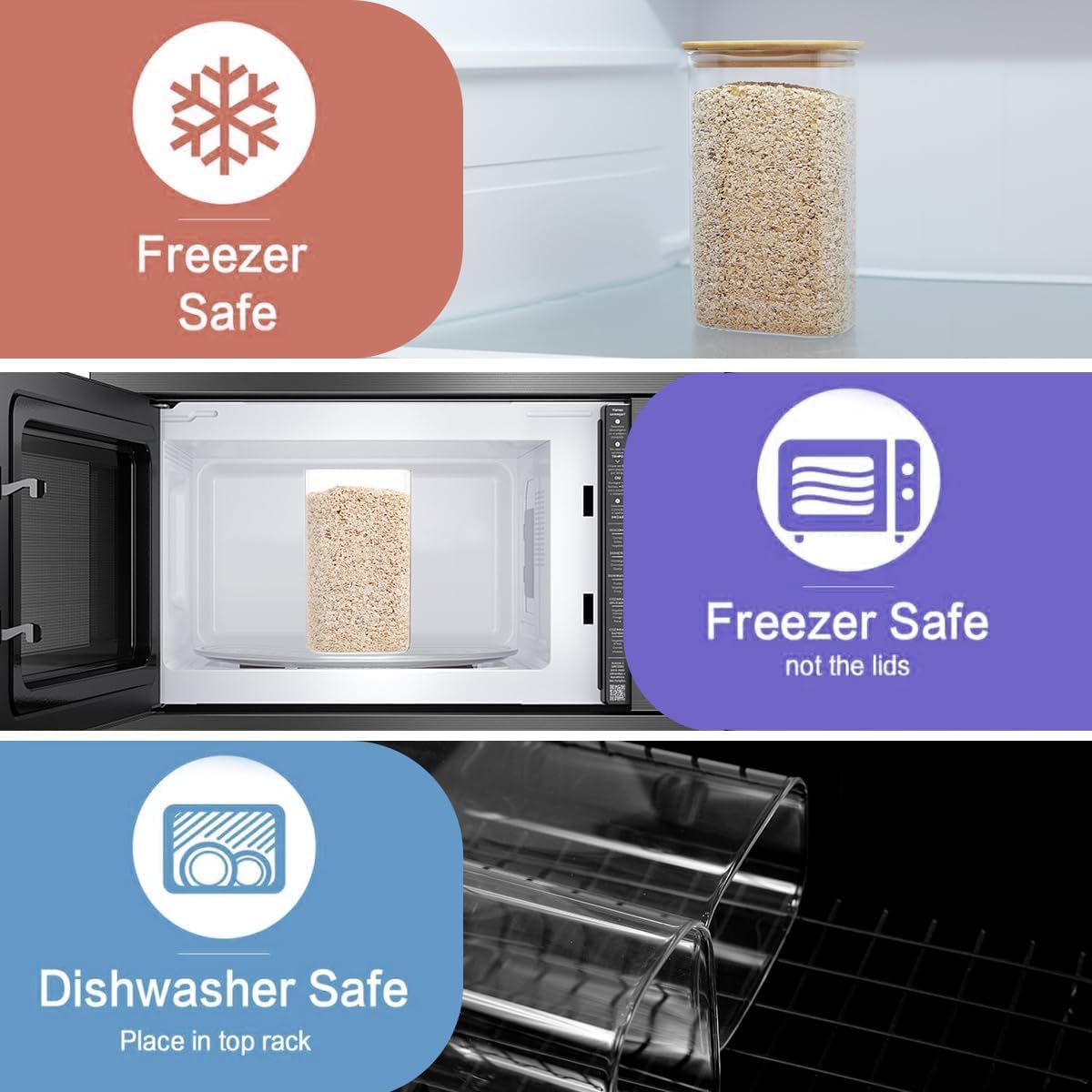 2 Pack large Square Glass Flour and Sugar Containers with 132 Kitchen Pantry Labels - 149 floz & 71 floz - Glass Jars with Airtight Bamboo Lid - Glass Rice Canisters for Coffee, Pasta, Cookie, Cereal